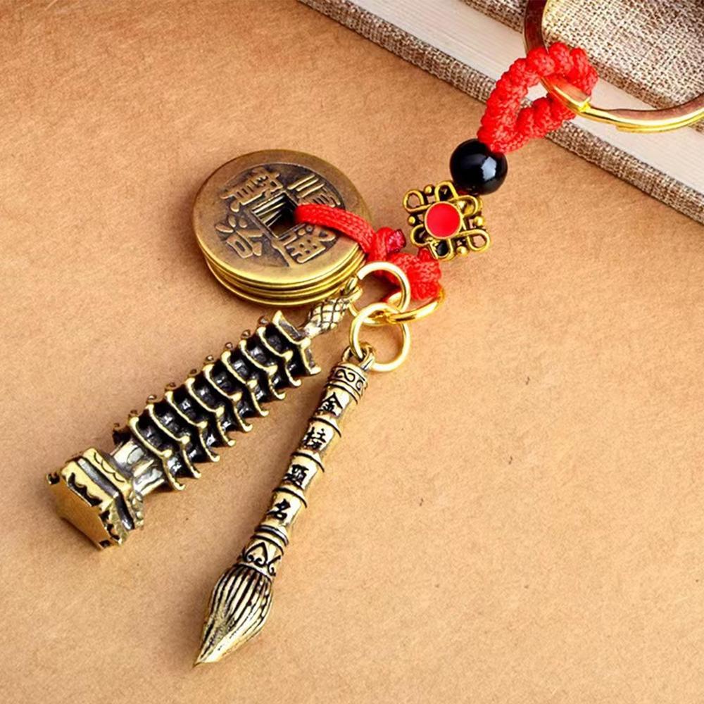 Vintage Lucky Finely Crafted Pure Copper Gourd With Five Emperors CoinsKeychain Charm Feng Shui Keyring Wealth-Attracting Decor