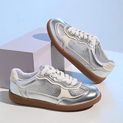 Femmes Jogging Baskets à Lacets Cuir Fendu Épissage Marche Chaussures Plates Argent Dames Ballerines Décontractées Femme Bout Rond Chaussures