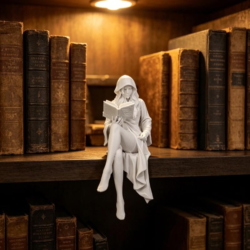 Reading Girl Statue Decors, Hooded Theme 3D Print Figurine for Desk Display, Bookcase , Nightstand Ornament, Small Home Decoration