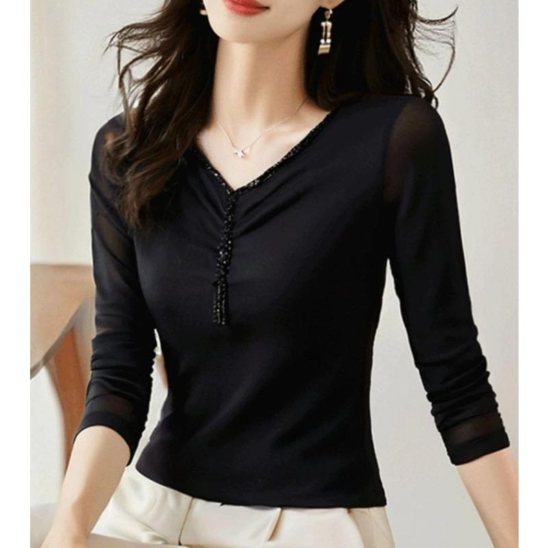 Mesh Long-sleeved T-shirt for Women Spring and Summer New V-neck Tassel Beaded Slim Dance Wear Top