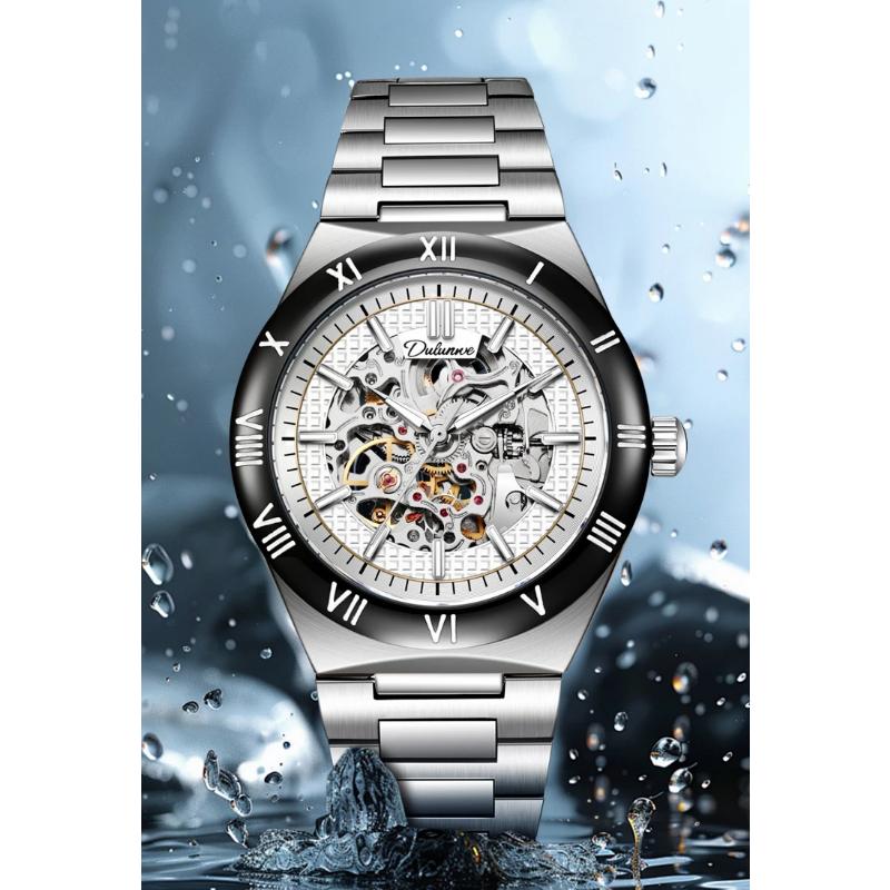 Dulunwe Skeleton Mechanical Watches Blue Roman Dial Watch for Men Automatic Watches Luxury Sports Waterproof Clock