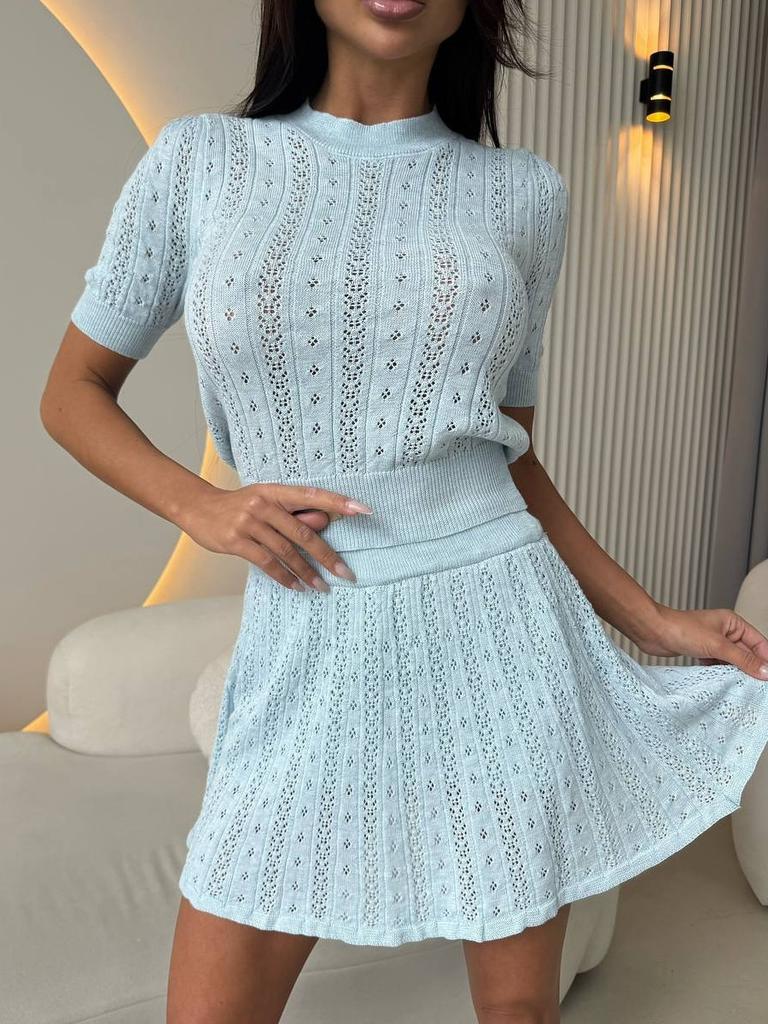 Summer New Round Neck Hollow Short Sleeve Loose T-Shirt Thin Solid Color Knit Skirt Set for Women