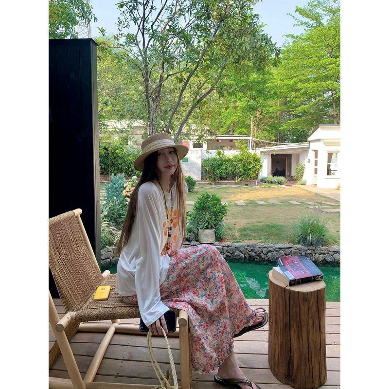 Kumikumi Gentle Floral Skirt A- Line Skirt Women's Autumn Drape Drawstring High Waist Swing Dress Midi Skirt