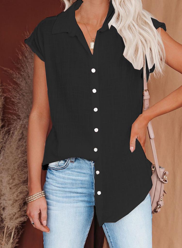 Damen Unifarbene Ärmellose Baumwollbluse mit Umlegekragen und Knöpfen Locker Lässig Sommer Top