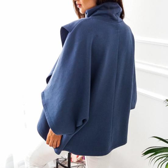 Women Solid Color Cloak Winter Blouses Warm Cape Turtle Neck Batwing Sleeve Jumper Tops