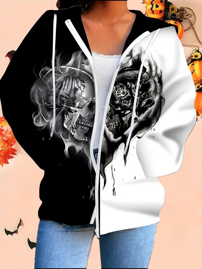 Halloween 3D Printed Hooded Cardigan Plus Size Autumn Winter Retro