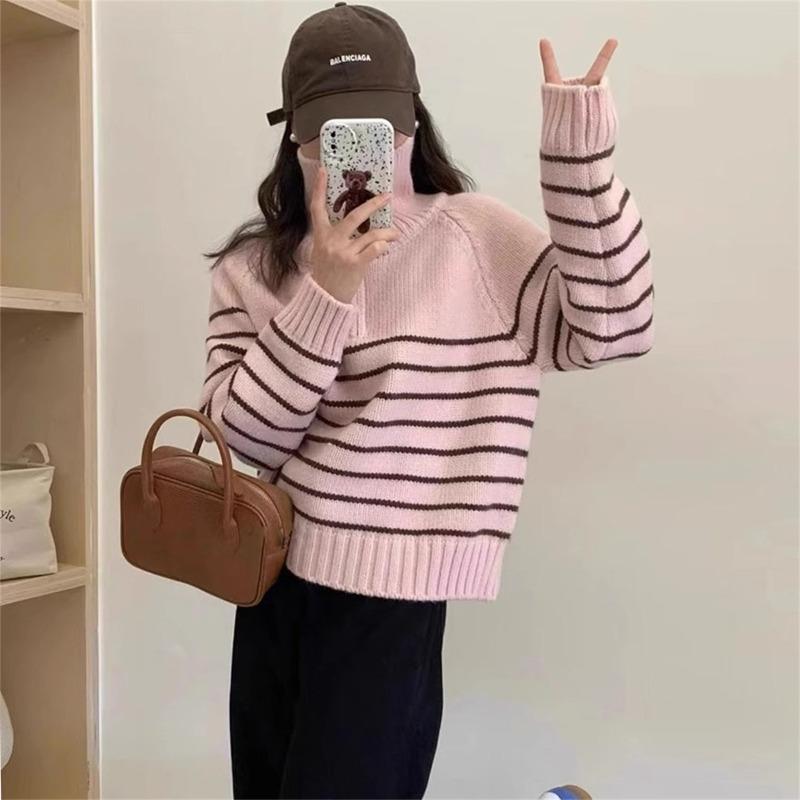 Half zipper striped pullover sweater women's loose short lazy style versatile knitted sweater autumn and winter new