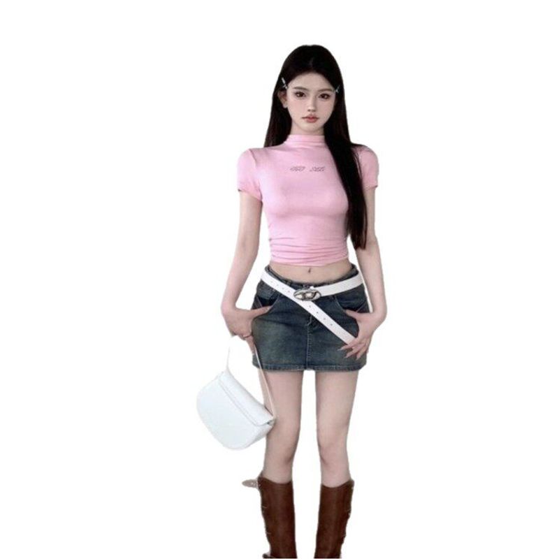 Style Rhinestone Elastic Short-Sleeve T-Shirt for Women, Half-High Collar, Slim Fit, Sweet and Spicy Style, Regular Shoulder, Slimming Short Top