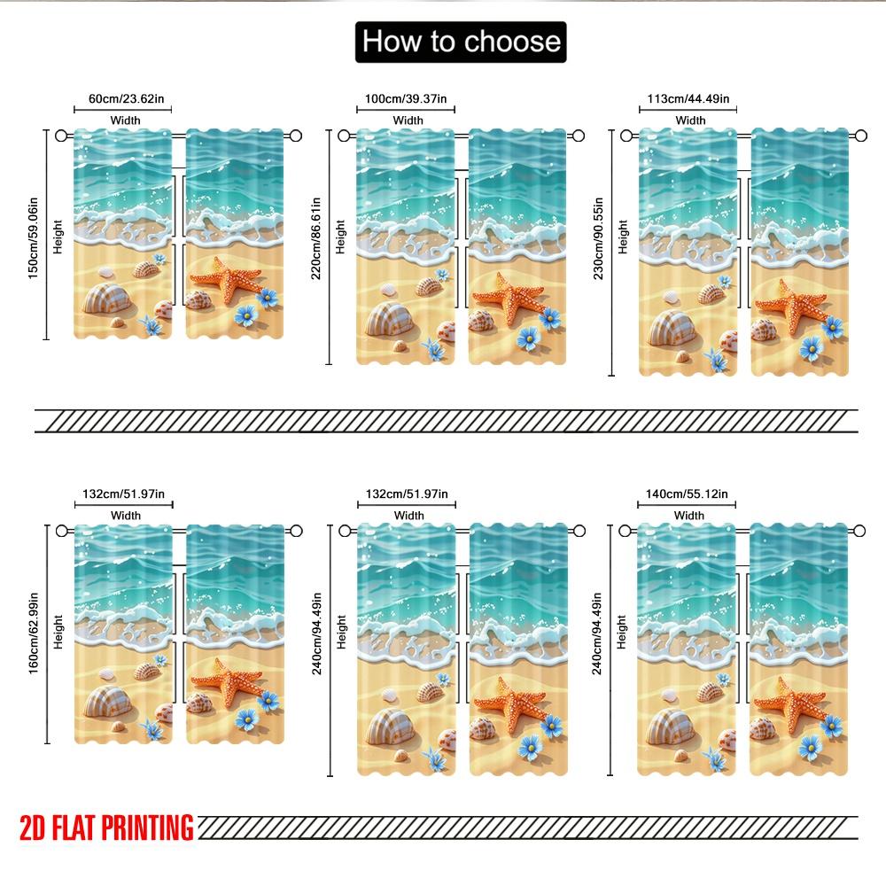 Flat Printing Curtain Starfish Shells Beach Tropical Ocean Digital Printed Polyester Drapes Festive Holiday Use Door Curtains Set Of 2 Made
