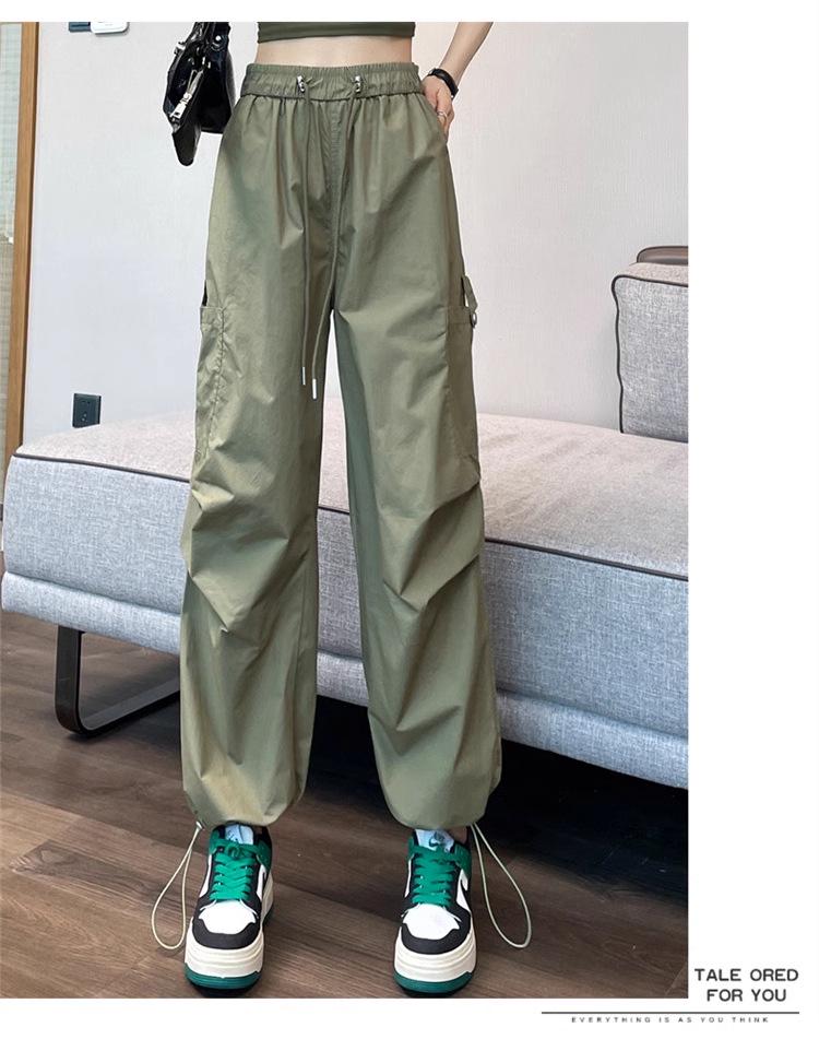 Pantalon cargo pour femme à séchage rapide, taille haute avec cordon de serrage - Vert militaire, Été décontracté, Jambe large style parachute de randonnée
