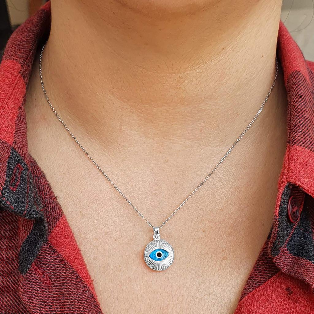 Dalia MYSTIC JEWELS – Blue Glass Eye and Sterling Silver Evil Eye Necklace – Round Turquoise Eye