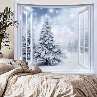 Inverno janela cenário neve parede pendurado tapeçaria natal pendurado na parede árvore lindo árvore de natal lareira presentes