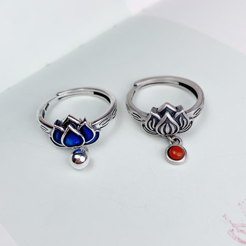 S925 Sterling Silver Blue Lotus Adjustable Tassel Ring for Women - Retro, Simple Design
