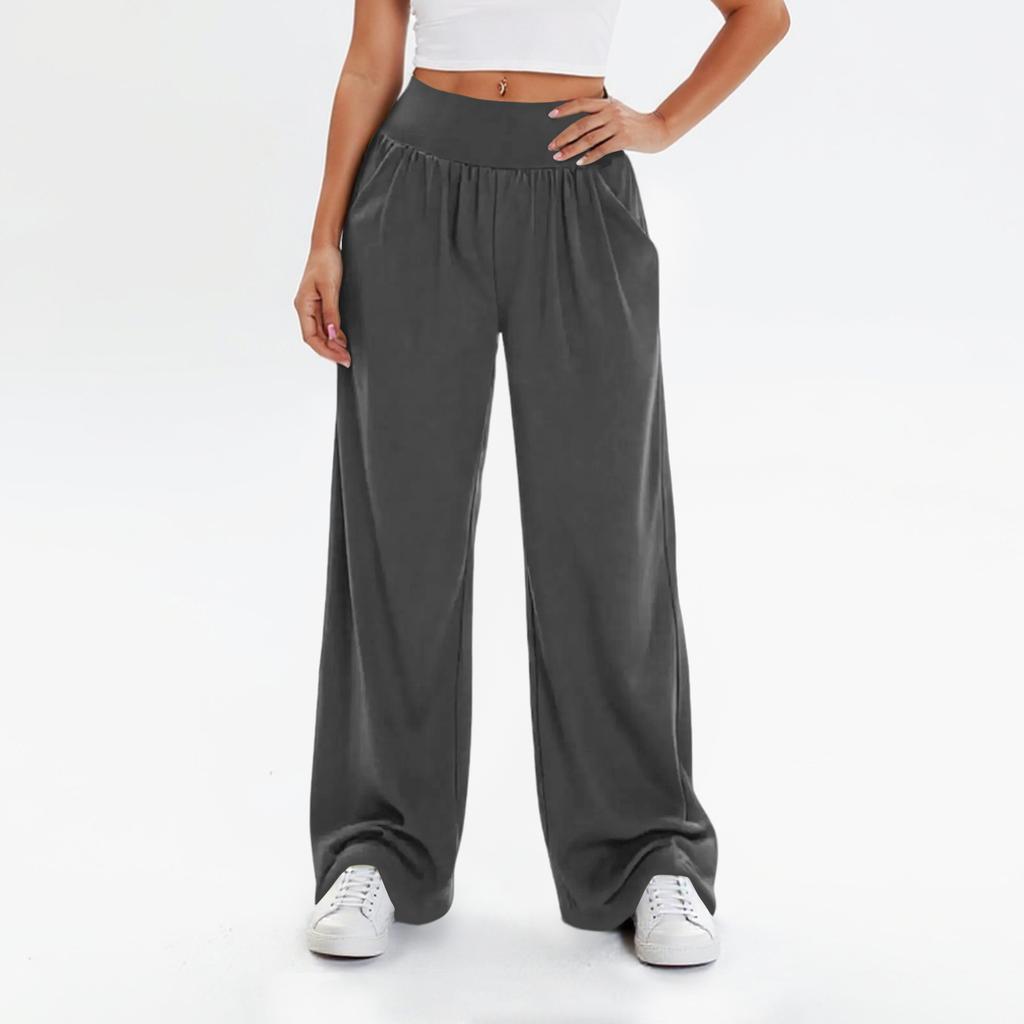 Women's Fashionable Solid Color Straight Leg Pants With High Waist Button Pockets And Elastic Waist Casual Pants