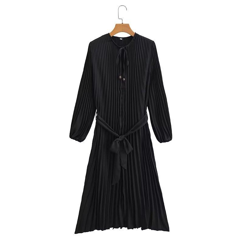 2025 Spring/Autumn Women's Fashion Crew Neck Long Sleeve Belted Pleated Maxi Dress