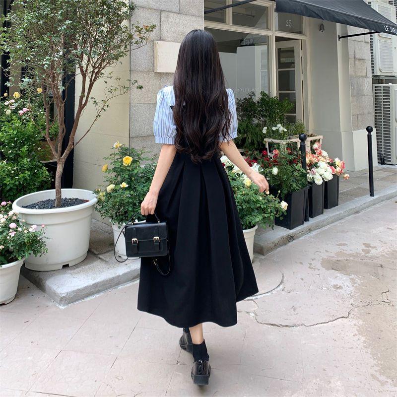 Preppy Style Polo-Neck Midi Dress Female Clothing Fake Two Pieces Summer A-Line Waist Fashion Ruffles Spliced Striped Dresses