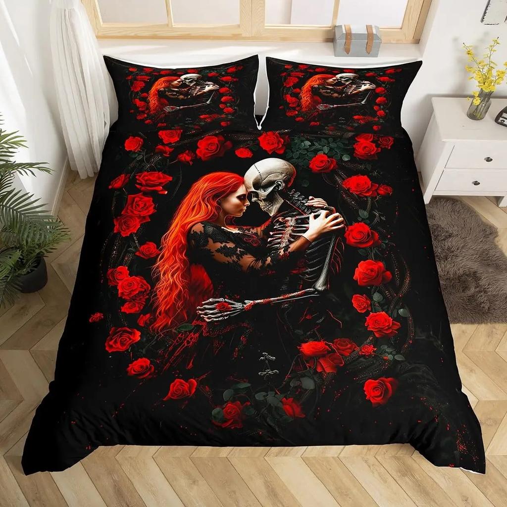 Sugar Skull Lover Bed Cover King Size Kissing Couple Skeleton Sleep Bedding Collection Red Rose Comforter Cover Death and Love Theme Quilt Cover