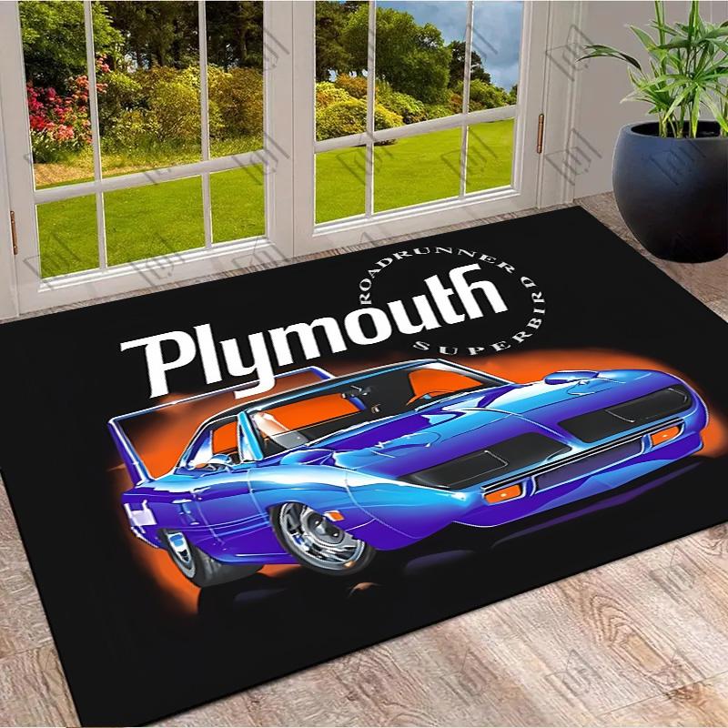 Plymouth Superbird Classic Muscle Car Orange Flame Effect Black Print Area Rug Vintage Race Car Non Slip Entryway Floor Mat Auto Fan Decor Rug