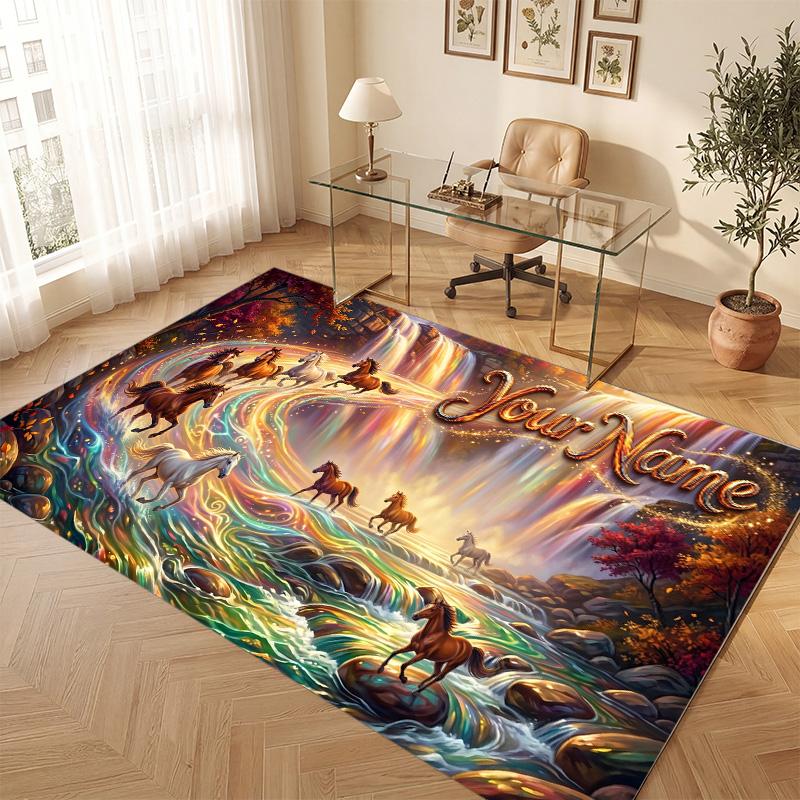 Horse Theme Soft Crystal Velvet Rug Custom Name & Text Print Non Slip Floor Rug for Bedroom Living Room