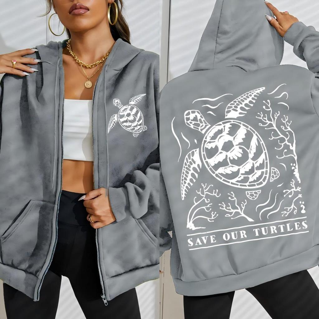 Save Our Turtles Ocean Creative Print Zipper Hoody Woman Fashion Fleece Clothings Casual Oversized Tops Hoodie