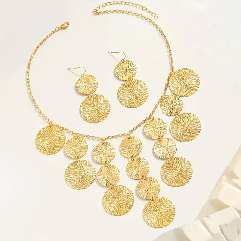 Retro Fashion Earrings Necklace Set Exaggerated Jewelry Beating Pattern Disc Simple