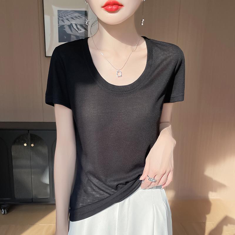 

Женская футболка с U-образным вырезом, однотонная, свободного кроя, вязаная, весна/лето 2025 Large