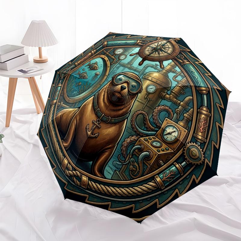 Steampunk Seal Adventure pattern umbrella, portable and foldable design, 8 ribs, a casual accessory for Halloween, Christmas, and birthday gifts.