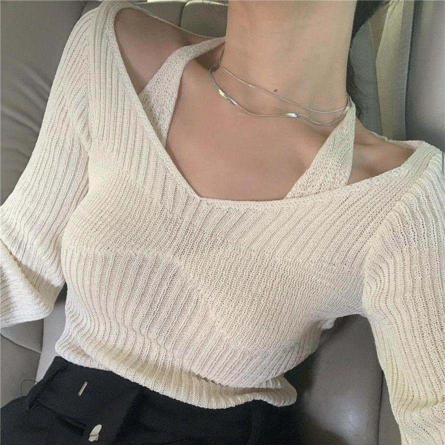 Spring Long Sleeve Slim V Neck Fake Two Piece Knit Top Women Sexy Base Layer Thin Sweater