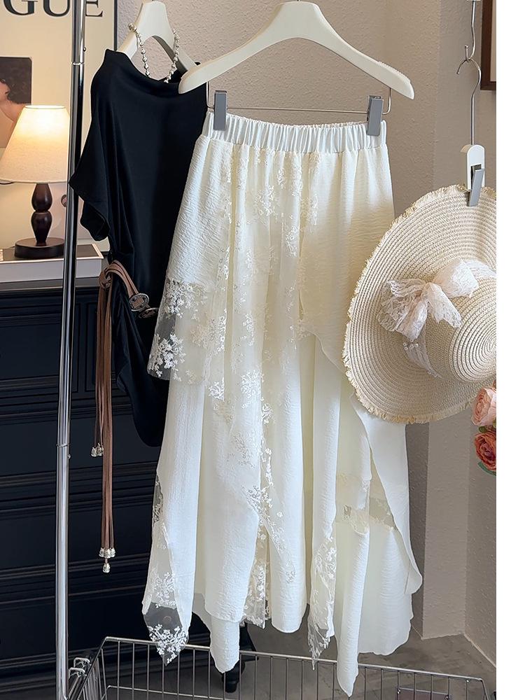 Korean-Style High-Waist Lace Mesh A-line Midi Skirt with Wide Hem