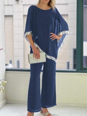 2025 Autumn Sequin Batwing Top & Wide Leg Pants Set - Round Neck, Two-Piece Ensemble