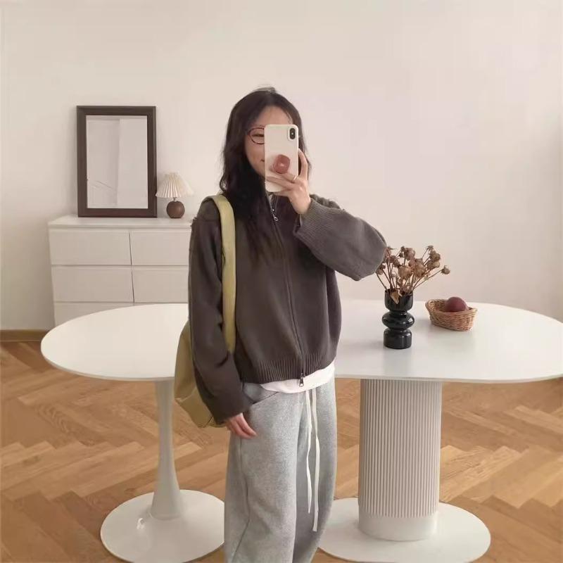 Real Shot Stand-up Collar Double Zipper Design Sense Solid Color Arm Fringe Long Sleeve Loose Lazy Wind Knitted Jacket Cardigan Women