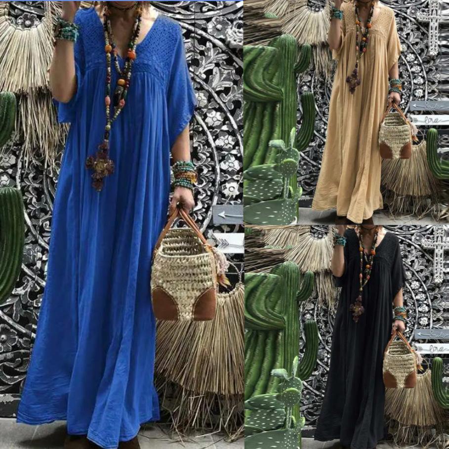 Damen V Neck Kleid Maxikleid Fackel Ärmel Oversize Lose Kaftan Promkleid Dress Vestido Robe Kleid