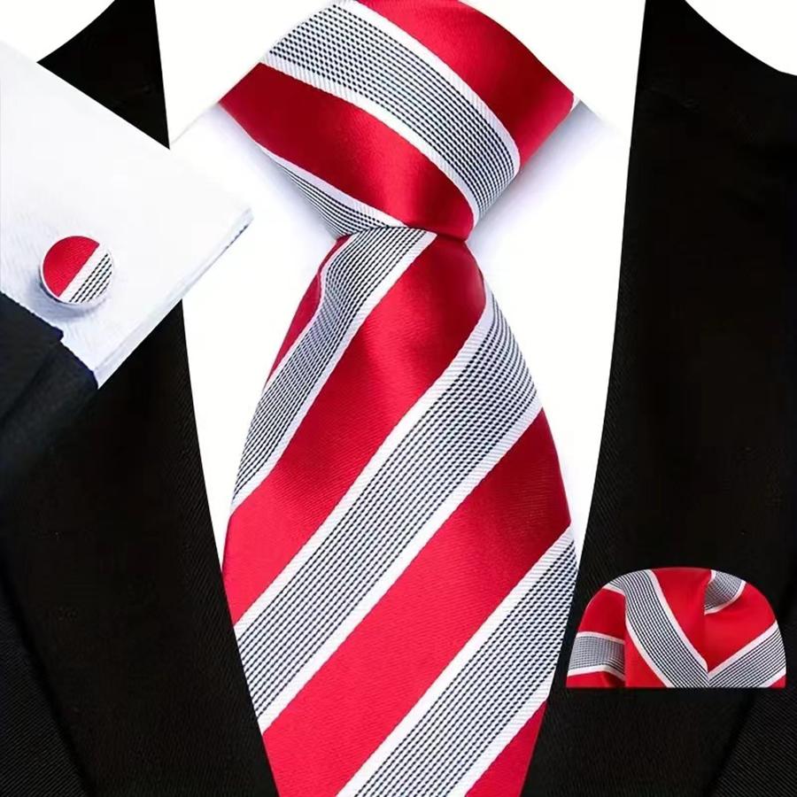 Red Striped Paisley Solid Floral Wedding 8CM Tie For Men Design Mens Necktie Hanky Cufflink Set For Daily Wear Business Party