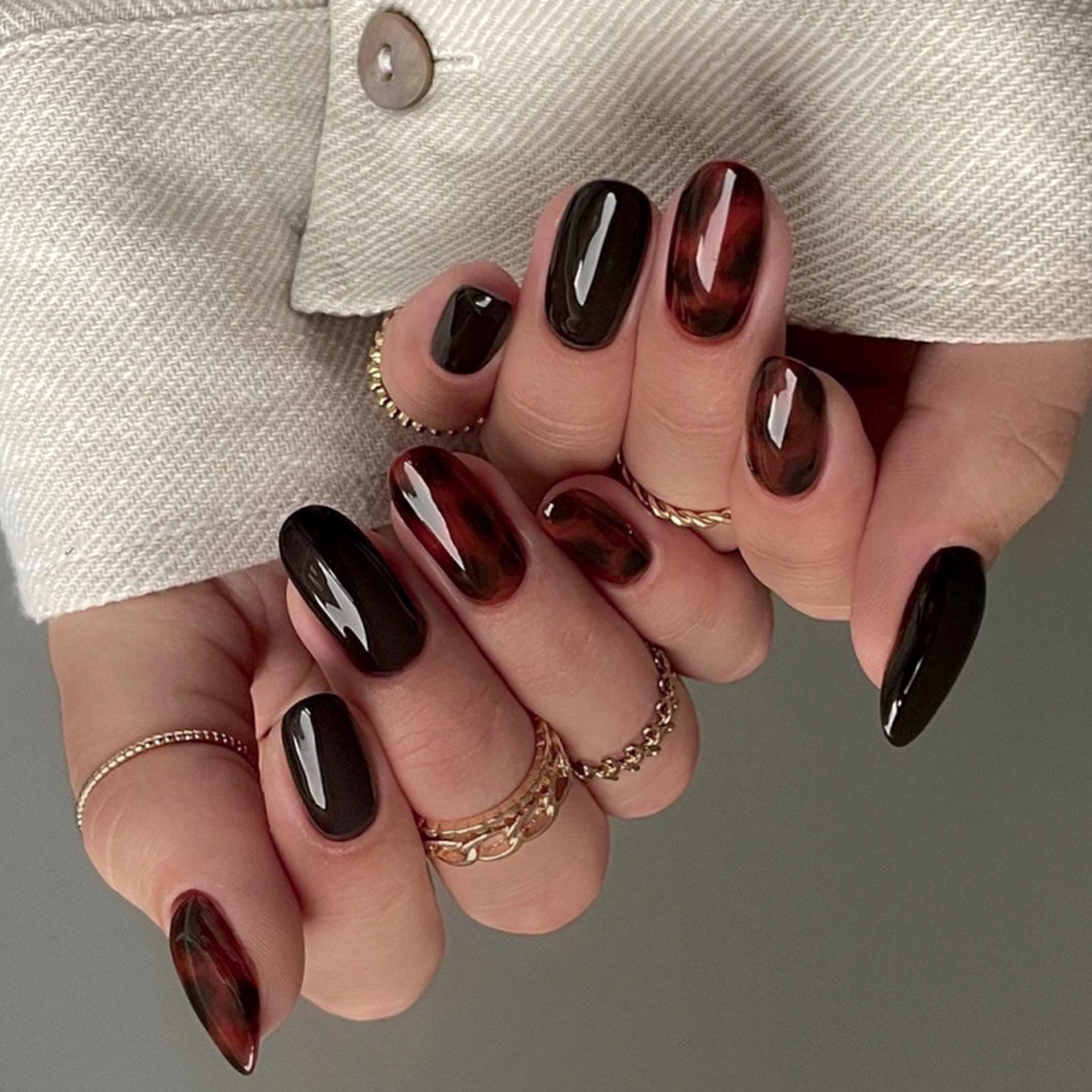 30pcs Cross Leopard Print Oval Brown High-End Handmade Wearable Nail Tips