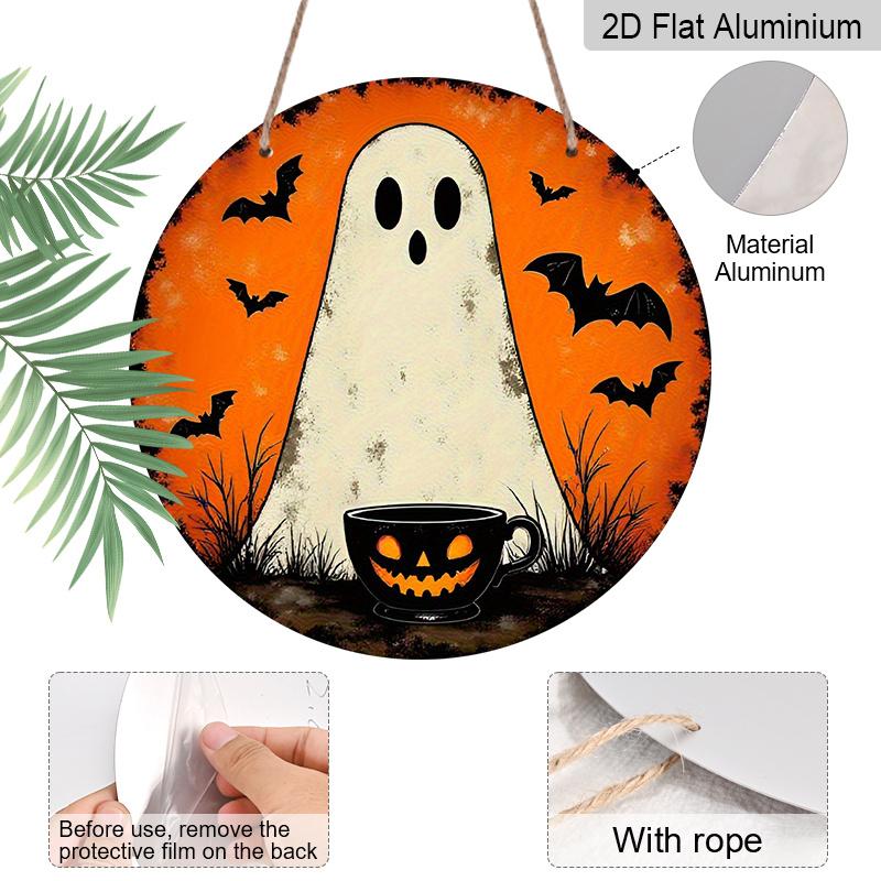 2D Flat, 1pc Cute Ghost Bat Pumpkin Mug Round Aluminum Wall Plaque, Halloween Horror Element Craft Sign, Indoor Outdoor Hanging Seasonal Decor