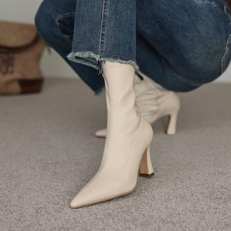 Autumn and winter stretch Martin boots solid color suede super high heel women's leather boots new round head versatile stiletto mid boots