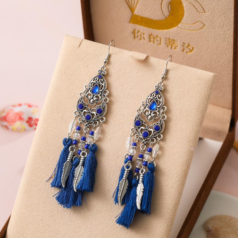New Ethnic Temperament Tassel Earrings for Women Fashion Long Rhinestone Rice Bead Leaf Dangle Earring Wedding Party Jewelry