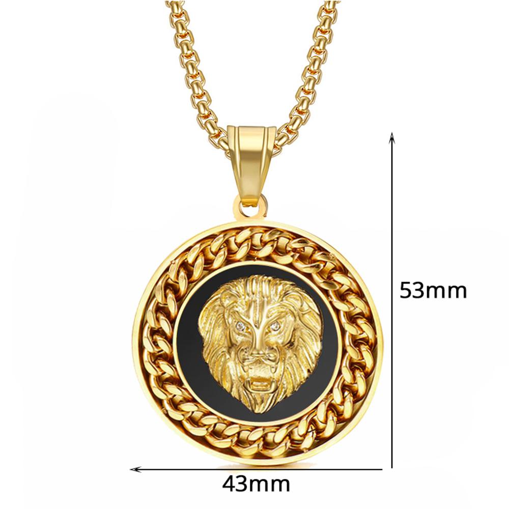 Hiphop Rock Lion Head Pendant With Chain Male Gold Color Stainless Steel Round Necklaces Pendant For Men Fashion Jewelry