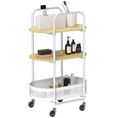 3-Tier Rolling Utility Cart with Basket and Shelves, 49.5x32.5x82.5 Cm, White and Natural Wood