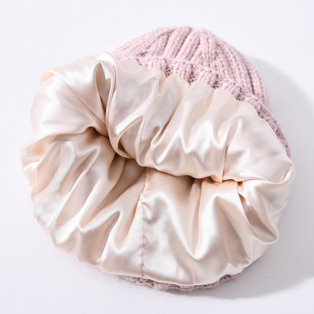 Versatile series big children's rabbit down knitted hat solid color lined outdoor satin lining wool hat warm ear protection