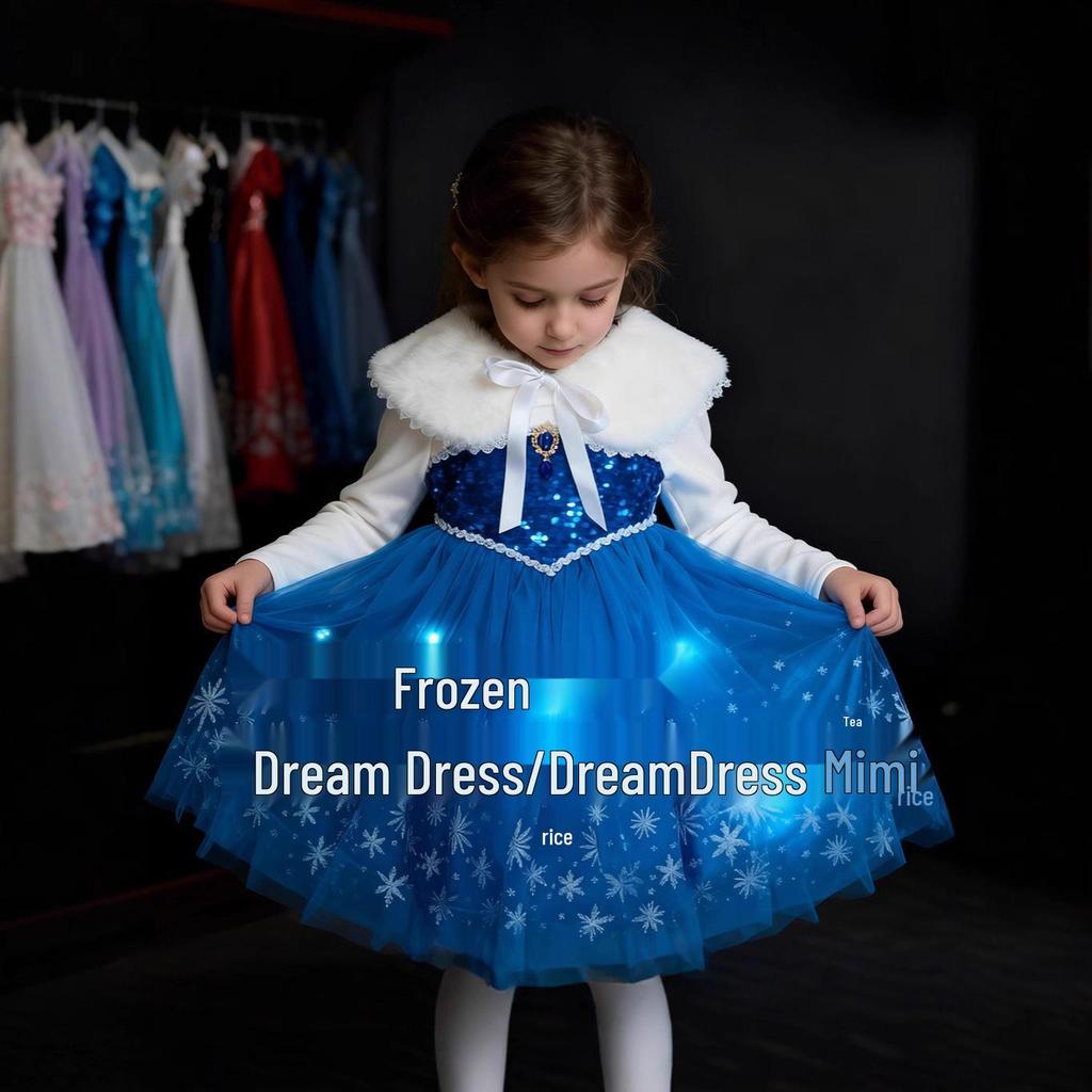 Glitzerndes leuchtendes Elsa Prinzessinnenkleid für Mädchen - Beflockter Herbst-/Winter-Halloween-Stil