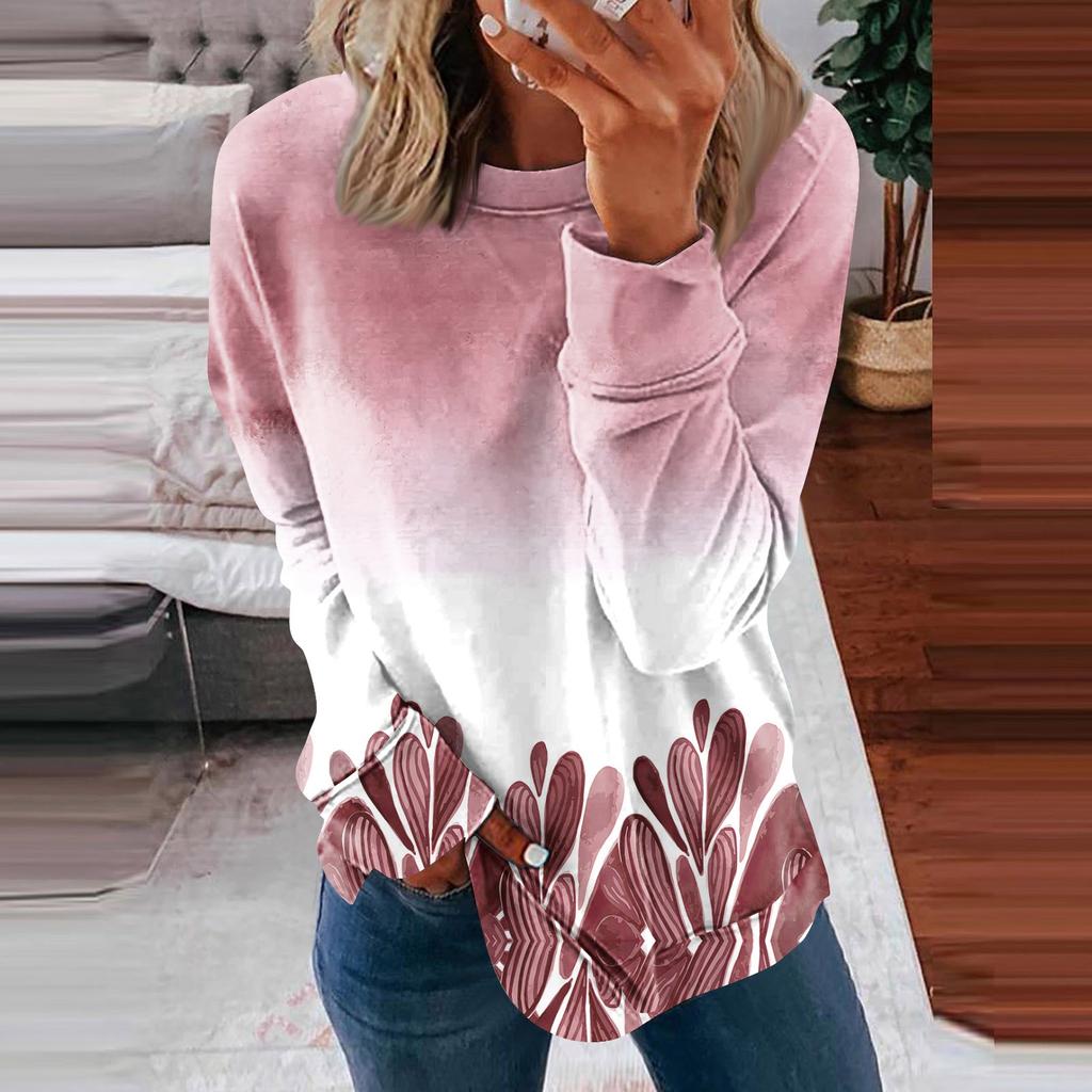 Women's Casual Fashion Floral Print Long Sleeve O-Neck Pullover Top Blouse