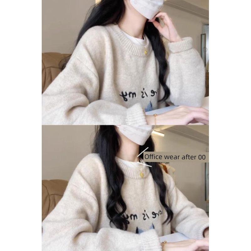 

round Neck Cat Autumn and Winter Loose Thick Inner Wear Sweater Apricot XL