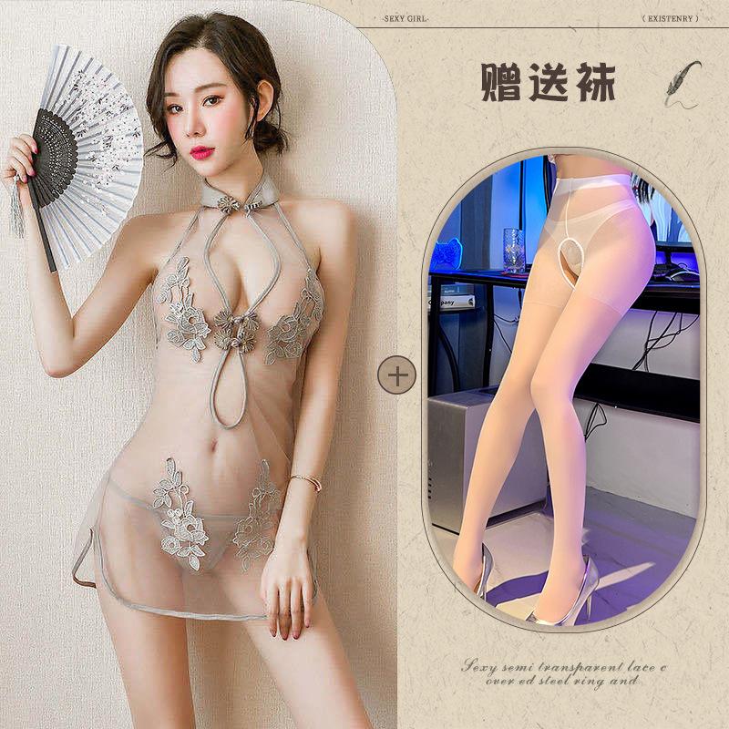 New European and American Erotic Underwear, Sexy Lace Slit Uniform Mesh Classical Embroidered Cheongsam Set, One Piece Is Sent On Behalf of Others.