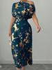Asymmetrical Shoulder Gold Foil Pleated Dress for Women