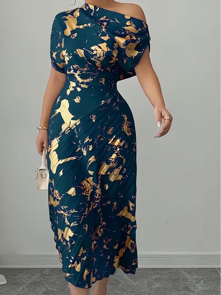 Asymmetrical Shoulder Gold Foil Pleated Dress for Women
