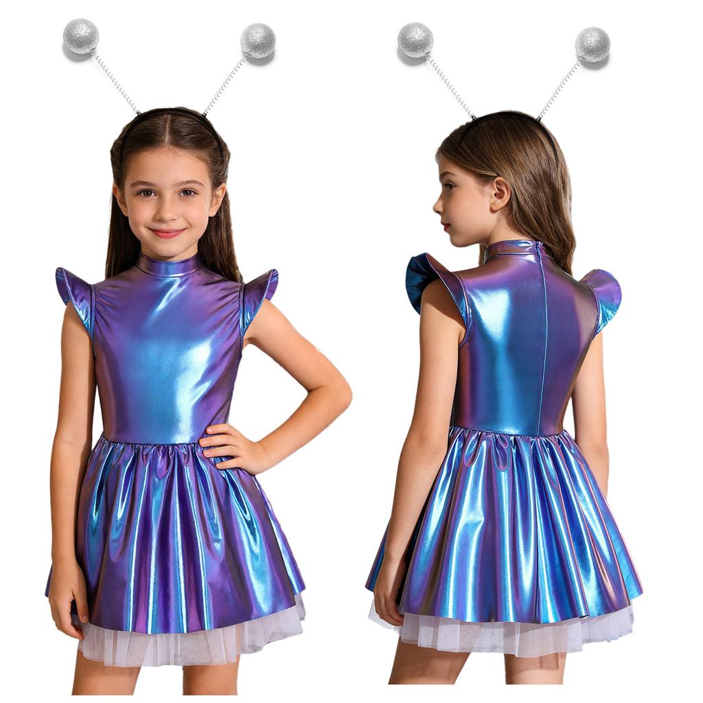 Girls Stage Performance Alien Costume Set: Glossy Mock Neck Dress with Ruffled Tutu & Flying Sleeves, Complete with Hair Hoop