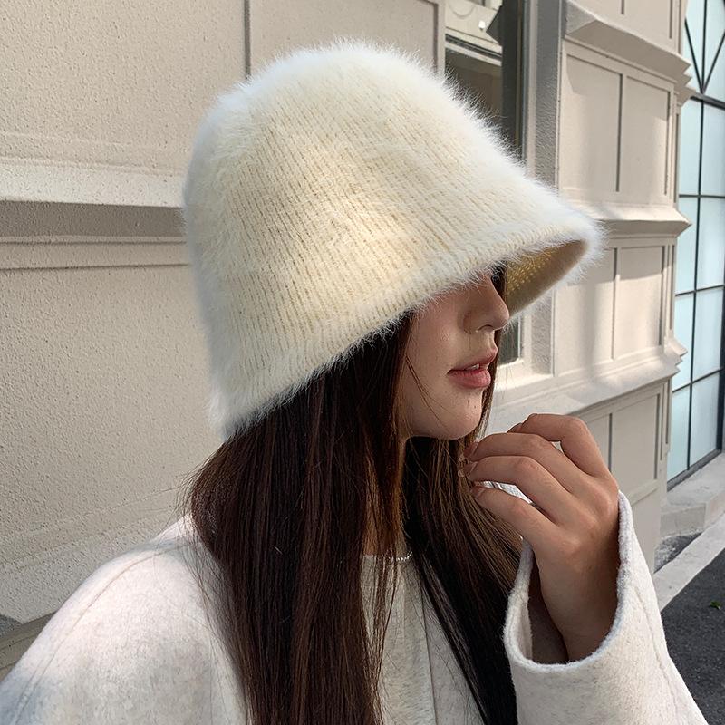 Rabbit Hair Fisherman Hat Children Autumn and Winter Versatile Plush Knitted Bucket Hat Warm Ear Protection Washbasin Hat