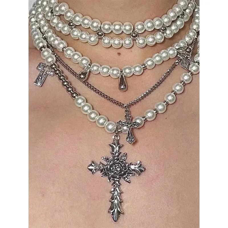 Y2k Zircon Cross Necklaces Multi Layer Choker Set For Women Korean Fashion Necklace Punk Goth Zircon Accessories