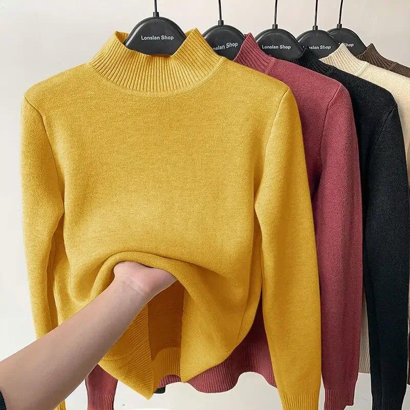 Office-lady Dolcevita Solido Maglione Donna Autunno Inverno Casual Pile Addensato Caldo Pullover Moda Loose Fit Soft Top 29760